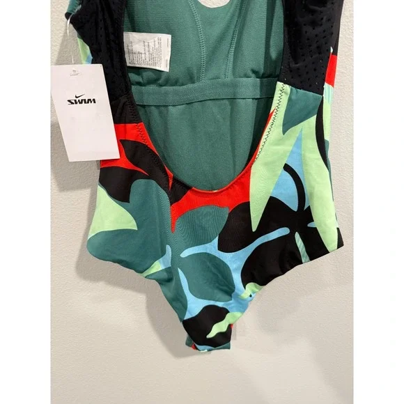 Nike Swimsuit Womens Small Black Green Swoosh Logo Keyhole Zipper Back One-Piece - Picture 3 of 9